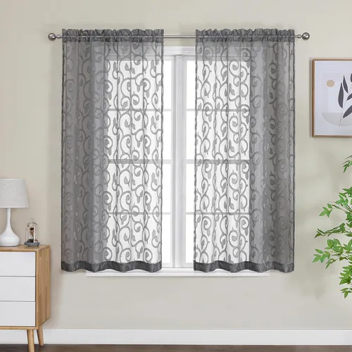 Miniatura 8 de OWENIE Furman - Juego de 2 paneles de cortinas traslúcidas negras de 24 pulgadas de largo, cortinas semitransparentes de jacquard ligeras y aireadas