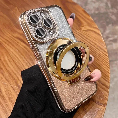 Miniatura 2 de Funda magnética con función atril (protector de lente con brillantina) para iPhone 15, 14, 13, 12 Pro Max (compatible con Magsafe), cubierta de Rosa
