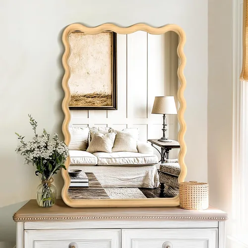 Miniatura 10 de Espejo de baño para pared, 24 pulgadas, redondo, bohemio, ondulado, de madera, espejo decorativo grande de cuerpo entero con vidrio templado, espejo