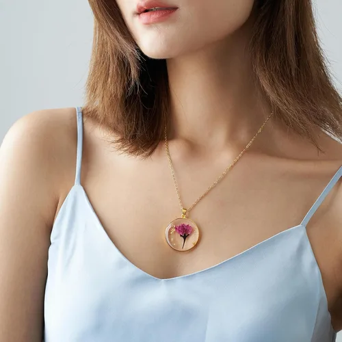 Miniatura 4 de Collares de flores de nacimiento para mujer, collar de 1 a 12 meses, collar de flores prensadas hecho a mano, regalo único de vacaciones, dorado, 18