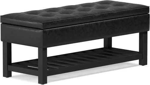 SIMPLIHOME Cosmopolitan - Banco otomano de almacenamiento, otomana rectangular tapizada de cuero vegano de 44 pulgadas de ancho, color negro
