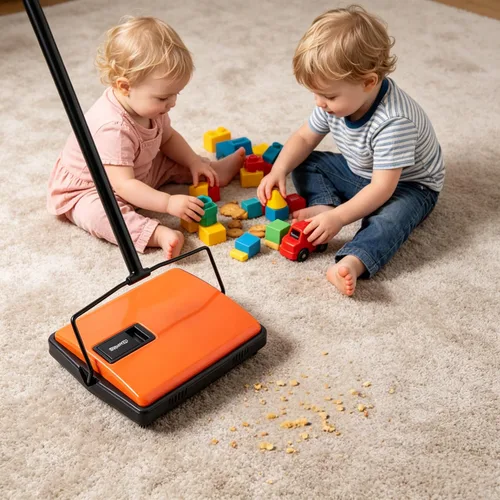 Miniatura 3 de CLEANHOME Escoba manual para alfombras y pelo de mascotas - Escoba de piso de cepillo doble, escoba ligera de presión para aulas/alfombras