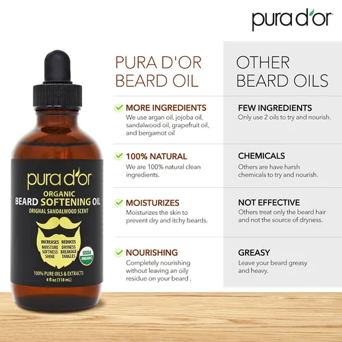 Miniatura 4 de PURA D'OR Aceite Suavizante para Barba Orgánico de 4 Oz - Aroma Original de Sándalo - Acondicionador que no se enjuaga, Aceite de Argán y Jojoba