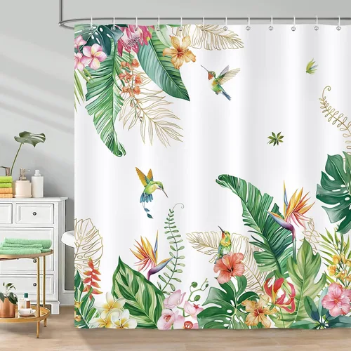 Miniatura 2 de Bonhause Cortina de ducha de colibríes, hojas de palmera tropicales verdes, decoración de baño, 72 x 72 pulgadas, tela de poliéster impermeable