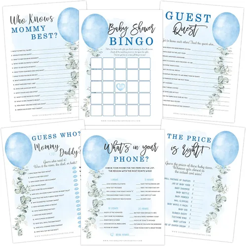 Your Main Event Prints Juegos de baby shower para niños (juego de 6 actividades divertidas para 25 invitados), temática de Blue Boy