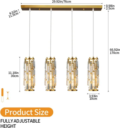 Miniatura 3 de LMQNINE Lámpara colgante de 4 luces doradas modernas, mini candelabros de cristal, lámpara colgante ajustable para cocina, isla, comedor, dormitorio