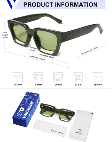Miniatura 48 de VANLINKER Gafas de sol cuadradas gruesas para hombres y mujeres, retro, rectangulares, con protección UV400, VL9731