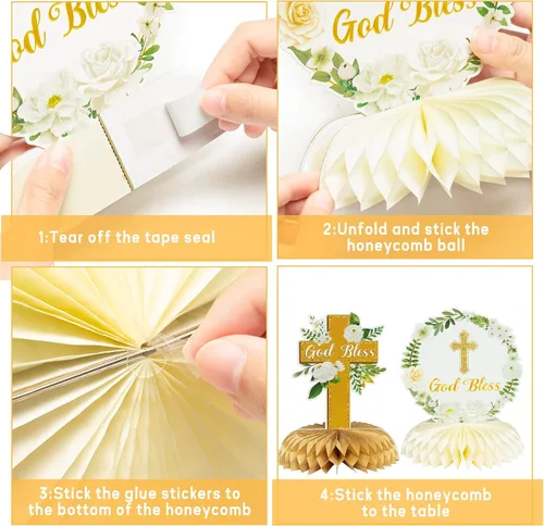 Miniatura 4 de ANGOLIO Centros de mesa florales de panal en oro blanco - 12 piezas, decoración de romero verde para bautizo, centro de mesa para baby shower