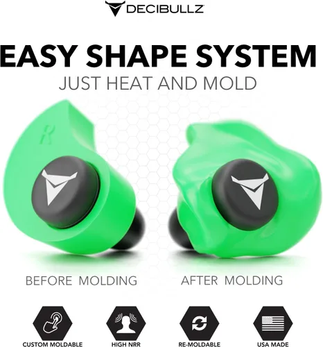 Miniatura 2 de Decibullz - Tapones para oídos moldeables a medida, 31 dB NRR más alto, protección auditiva cómoda para disparar, viajar, trabajar y conciertos Verde