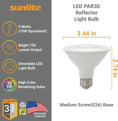 Miniatura 2 de Sunlite Foco reflector LED PAR30 41809, 9 vatios (75 W = ), 750 lúmenes, base E26 media, 90 CRI, regulable, reflector, Energy Star, cumple