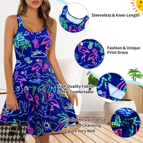Miniatura 82 de uideazone - Vestido de mujer sin mangas cuello redondo de verano, para playa, casual, Midi línea A.
