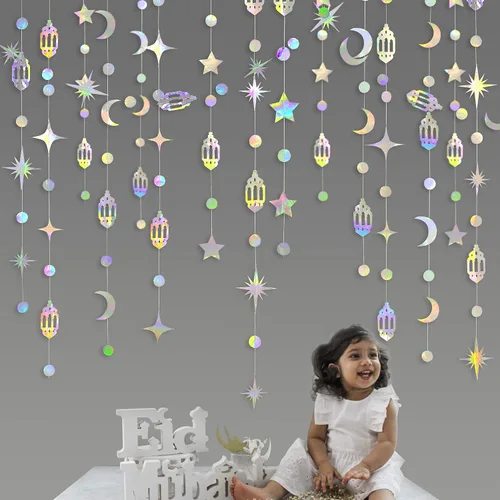 Miniatura 4 de Decoración iridiscente de Eid Mubarak Ramadán colgante de arco iris, estrella, luna, círculo, punto de media luna, lámpara de guirnalda, banderín