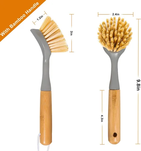 Miniatura 5 de Paquete de 2 cepillos para platos con mango de bambú, raspador integrado para platos, cepillo para sartenes, ollas, limpieza de mostrador