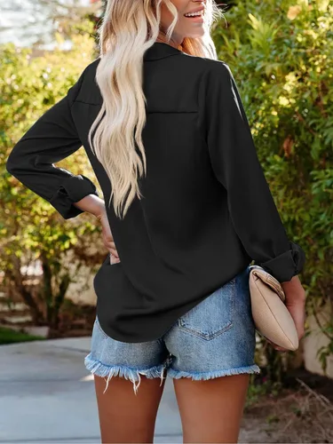 Miniatura 2 de siliteelon Camisas con botones para mujer, camisas de vestir sólidas, de manga larga, cuello fluido, para trabajo, oficina, negocios, blusas de gasa