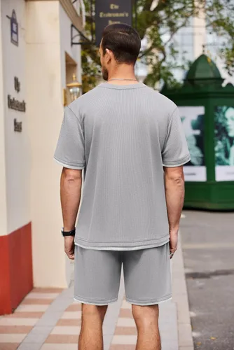 Miniatura 22 de COOFANDY Conjunto de camisa y pantalones cortos de gofre para hombre, conjunto de 2 piezas, conjunto casual de verano con bolsillos