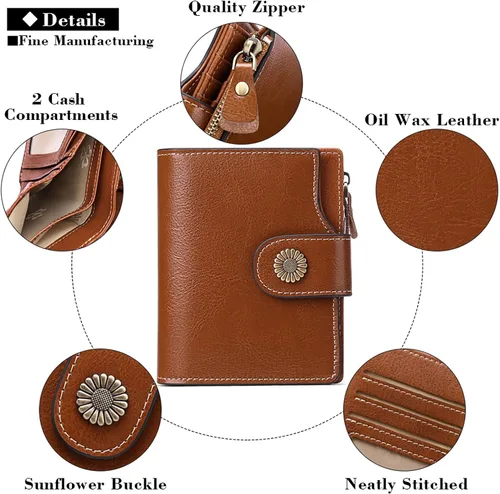 Miniatura 5 de FALAN MULE Cartera pequeña para mujer, de piel, plegable, compacta, pequeña, con bloqueo RFID, Marrón, Vintage