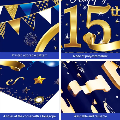Miniatura 6 de Cartel de cumpleaños número 15 azul dorado para niños, suministros de fiesta de telón de fondo, letrero de fondo para fotos de cumpleaños de 15 años
