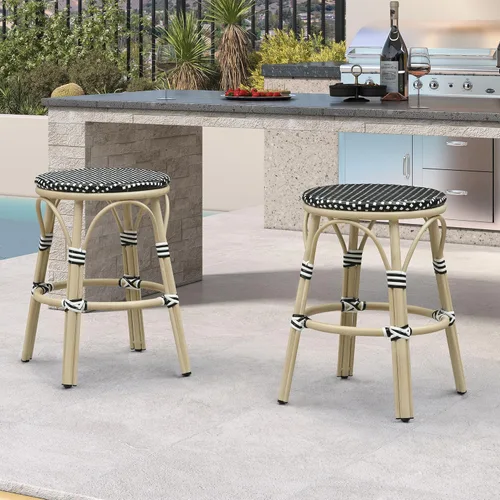 Miniatura 50 de PURPLE LEAF - Juego de 2 taburetes de bar franceses con acabado de bambú impreso, taburetes de bar de ratán para patio con respaldo, sillas de bar