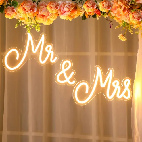 Letrero de neón Mr and Mrs para boda de 25 x 7 pulgadas, luz de neón LED, fondo de pared, decoración de recepción de boda USB, regalos para Blanco