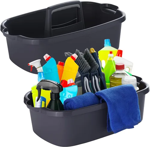 Paquete de 2 Cestas de Limpieza Grandes Grises para Suministros de Limpieza con Asa - Organizador Portátil de Plástico Tipo Bandeja para Ducha,