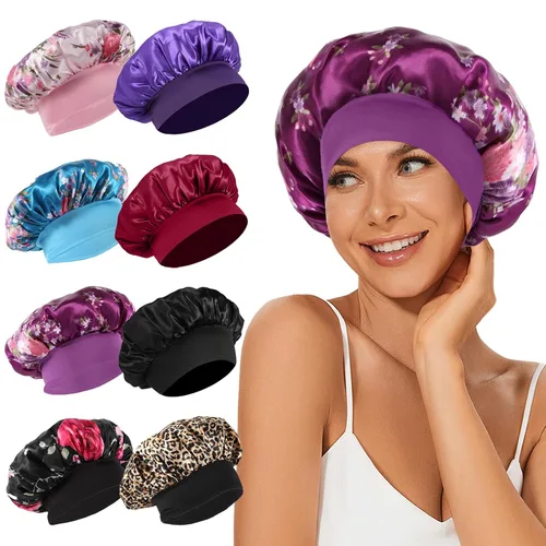 Miniatura 13 de 4 piezas de gorro de satén de seda, gorro de cabello para dormir, gorro de seda elástica de banda ancha para dormir, suave y transpirable