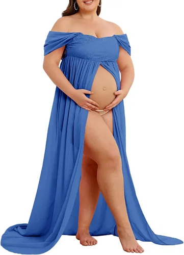 Vestido de maternidad para sesión de fotos con hombros descubiertos, vestido de gasa con abertura frontal, maxi vestidos de embarazo para fotografía