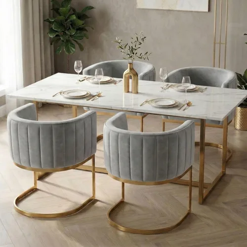 Miniatura 33 de Hyfirm Juego de 2 sillas de comedor de barril beige y dorado, modernas sillas tapizadas de terciopelo con respaldo curvado para isla de cocina