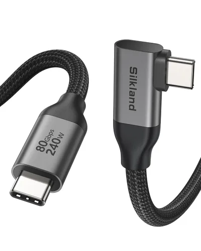Silkland Cable USB 4 en ángulo recto de 80 Gbps para cable Thunderbolt 5 de 4 pies, ancho de banda de 120 Gbps para 16 K/Dual 8K, 240 W, cable de