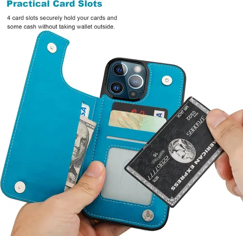 Miniatura 5 de Vaburs Funda compatible con iPhone 13 Pro Max con tarjetero y diseño de mariposa en relieve, de piel sintética, doble botón, a prueba de golpes, Azul
