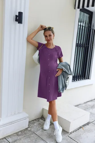 Miniatura 5 de Ekouaer Vestido de enfermería 3 en 1 para el partopartohospital, camisón de maternidad para lactancia materna con botón S-XXL