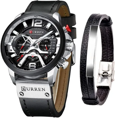 CURREN Watches Men Quartz Leather Chronograph Watch and Fashion Bracelet Set Analog Watches for Men Luxury Wristwatch Gifts for Dad Boyfriend