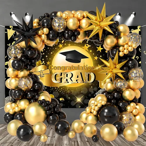 Miniatura 7 de Kit de arco de guirnalda de globos negro y dorado 158 piezas con globos de confeti negro y dorado, globos de papel de aluminio estrella