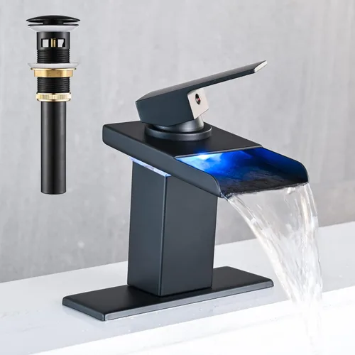 Miniatura 11 de AVSIILE Grifo LED para lavabo de baño, cascada cromada, mango de un solo agujero, 1 agujero con drenaje desplegable de metal y 2 líneas de Cromo