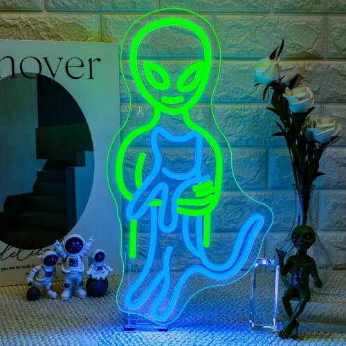 Miniatura 11 de ineonlife Letrero de neón de gato alienígena gracioso, letreros de neón en verde y rosa, artículos de gato alienígena para pared, cueva de hombres