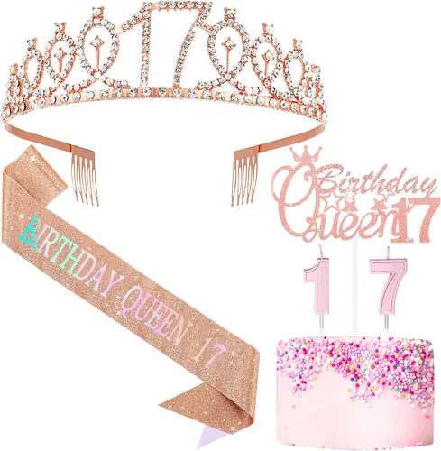 Miniatura 8 de Crowye Decoraciones de cumpleaños número 17, corona de tiara de 17 años, banda, decoración para tartas, velas, suministros para fiestas, regalos Azul