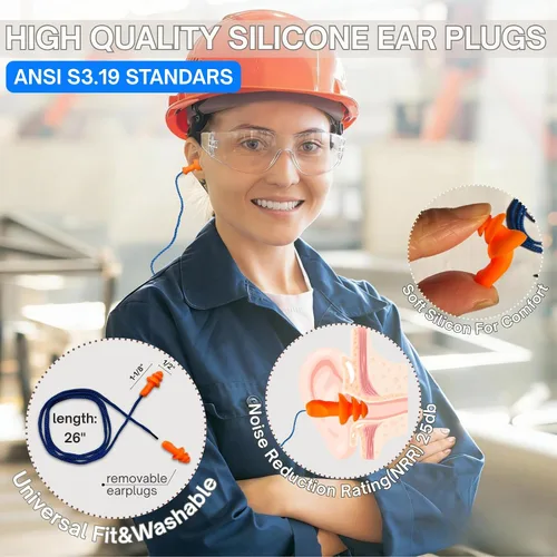 Miniatura 7 de Paquete de 12 lentes de seguridad transparentes para hombres y mujeres – Certificado ANSI Z87.1, 12 tapones de silicona para los oídos (NRR 25 dB)