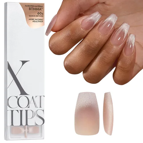 Miniatura 26 de BTArtboxnails XCOATTIPS uñas postizas con punta francesa - Uñas postizas largas cuadradas con base de purpurina rosa, 90 piezas de puntas de uñas