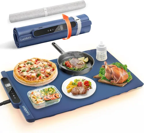 Miniatura 8 de Tapete de calentamiento de alimentos, calentador eléctrico enrollable de alimentos, 10 niveles de temperatura y temporizador de 10 horas, bandeja