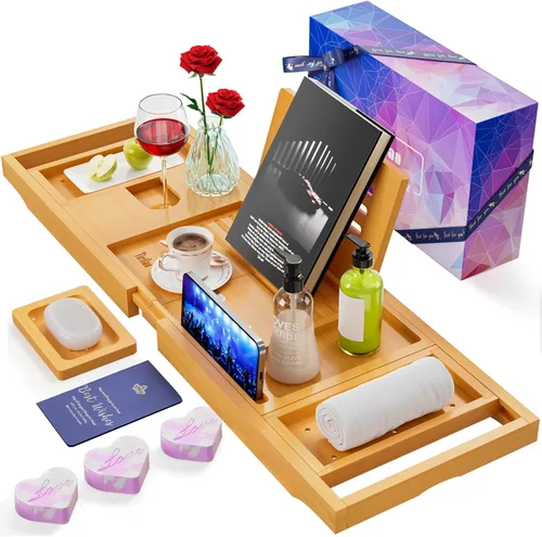 Lux - Bandeja expandible para bañera con 3 bombas de baño, cuidado personal y relajación, regalos de cumpleaños para mujeres y hombres, idea de