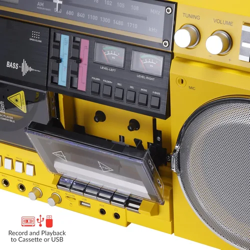 Miniatura 2 de Aiwa Retro Boombox Reproductor de CD con grabación en casete, Bluetooth 5.0, radio FM/AM, entradas USB/SD/AUX, medidores VU, pantalla LCD, altavoces