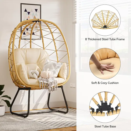 Miniatura 3 de Yitahome Silla con Forma de Huevo con Soporte para Interior y Exterior, Silla de Lounging con Cojín, Silla de Mimbre de Ratán PE Incluye Silla