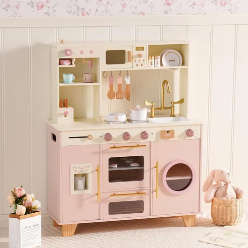 ROBUD Play Kitchen, Juego de Cocina de Juguete Grande Rosa con Cafetera y Tostadora de Juguete para Niños Pequeños de 3+ Años, Cocina de Madera para
