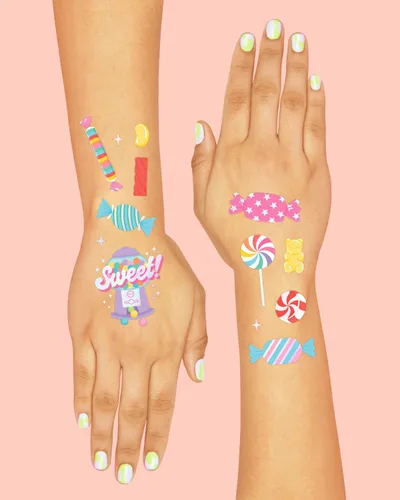 Miniatura 4 de xo, Fetti Tatuajes temporales para fiesta de caramelos, 72 estilos iridiscentes, decoraciones de cumpleaños, recuerdos de fiesta, accesorios de mesa