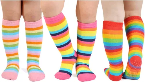 EPEIUS Calcetines altos hasta la rodilla con rayas de arco iris para bebé, calcetines de tubo antideslizantes para uniforme de fútbol para niños