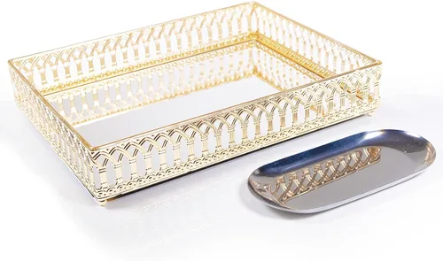 Miniatura 16 de Bandeja decorativa de cristal de metal con espejo para perfumes, organizador de cosméticos, bandeja de almacenamiento para joyas, bandejas