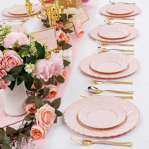 Miniatura 6 de YOUBET 125 platos de plástico rosa con borde dorado, juego de platos de plástico festoneados que incluye 25 cenas, 25 platos de postre, 75 cubiertos