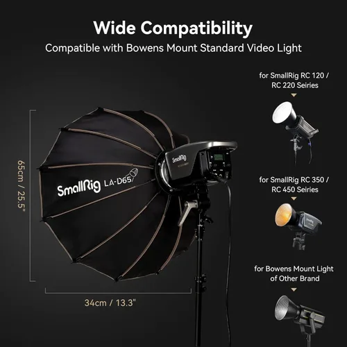Miniatura 4 de SMALLRIG Caja de luz parabólica LA-D65 de 65 cm de liberación rápida, compatible con SmallRig RC 120D/RC 120B/RC 220D/RC220B y otras luces