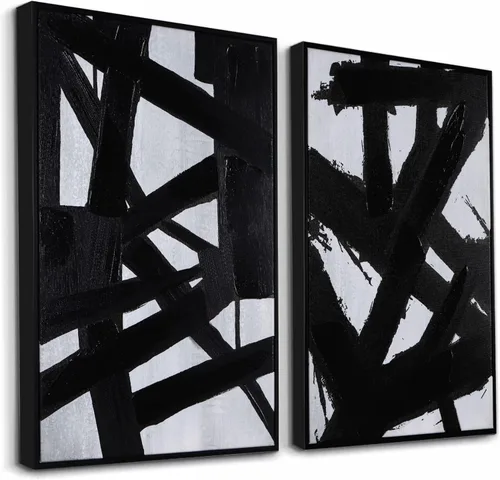 Miniatura 13 de Zessonic - Arte de pared abstracto en negro y oro - Decoración 2 piezas 16 x 24 pulgadas, lienzo en blanco y negro con lámina dorada para sala