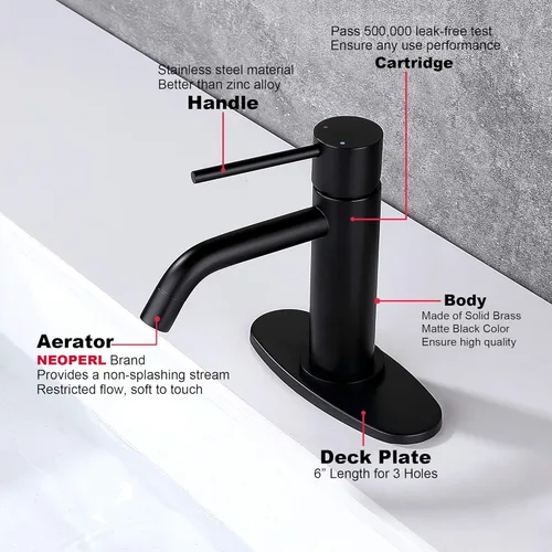 Miniatura 6 de Grifo de Baño Negro Mate de Un Solo Orificio, JXMMP Grifos de Lavabo de Baño de Una Sola Manija con Desagüe Pop Up y Placa de Cubierta de 6 Pulgadas