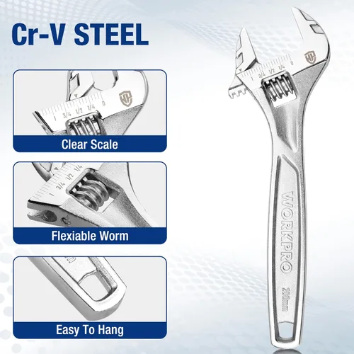 Miniatura 6 de WORKPRO - Llave ajustable de 8 pulgadas de alta resistencia con escala imperial y métrica, llave premium de acero Cr-V, cromada Plateado